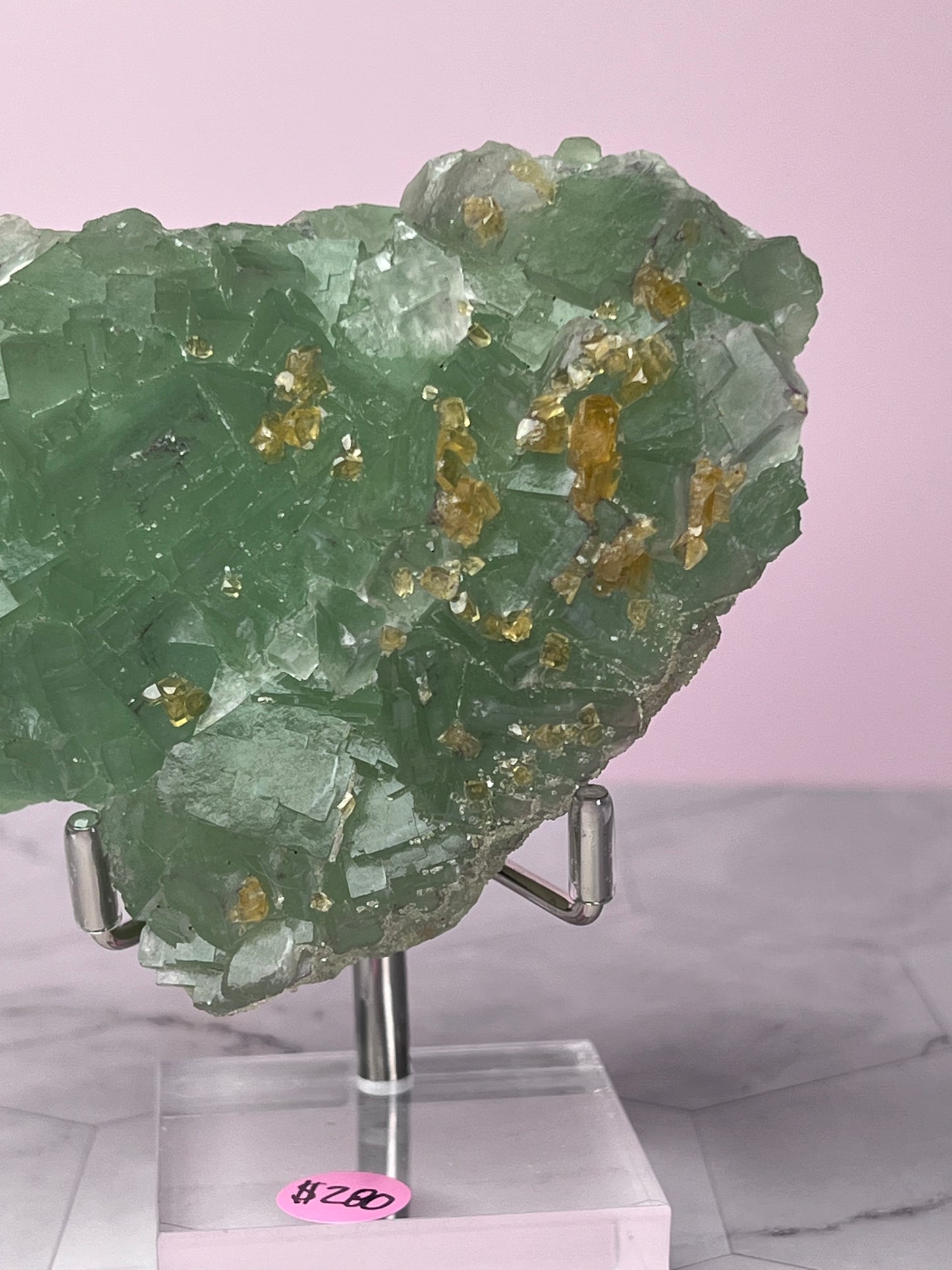 ONE (1) Stunning Large Green Fluorite with Barite, includes Display Stand