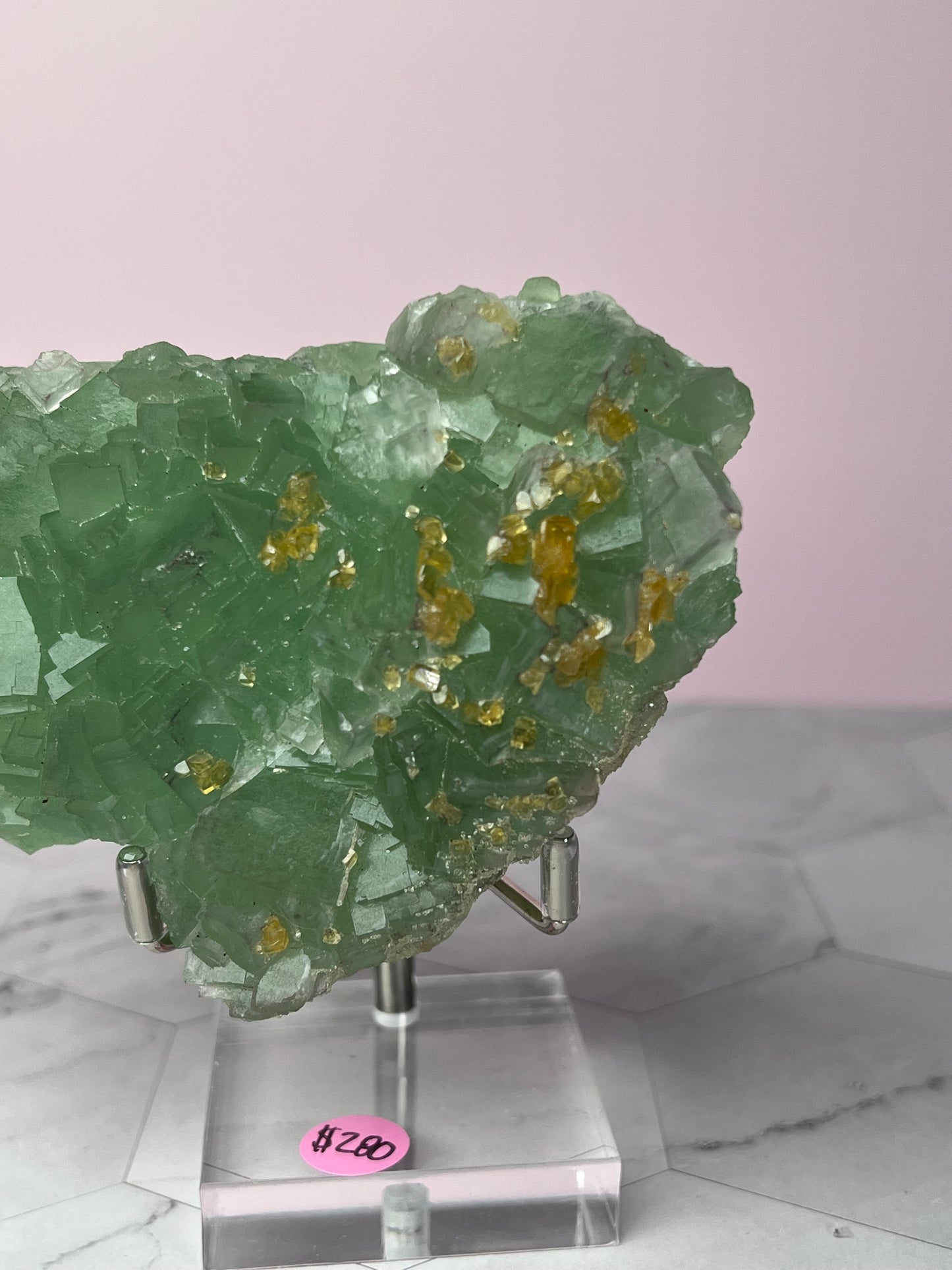 ONE (1) Stunning Large Green Fluorite with Barite, includes Display Stand