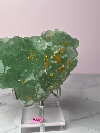 ONE (1) Stunning Large Green Fluorite with Barite, includes Display Stand