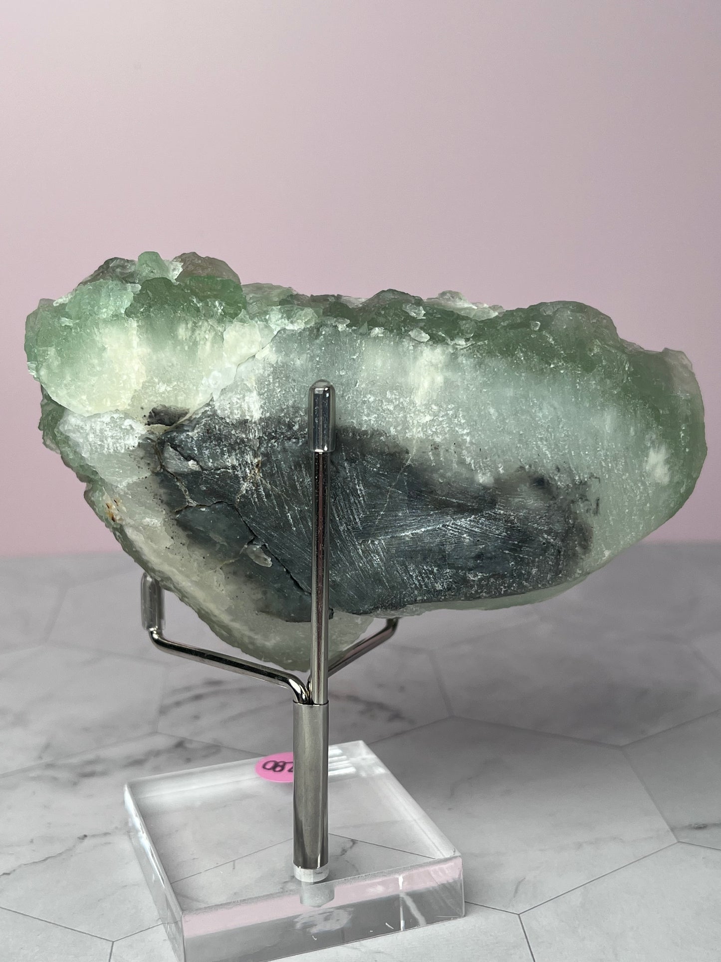 ONE (1) Stunning Large Green Fluorite with Barite, includes Display Stand