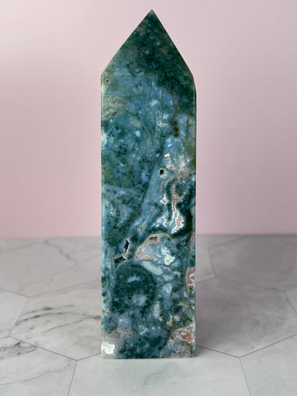 Stunning Druzy Pink Moss Agate Tower