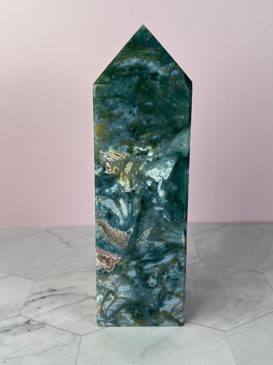 Stunning Druzy Pink Moss Agate Tower