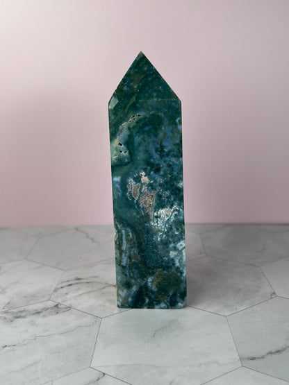 Stunning Druzy Pink Moss Agate Tower