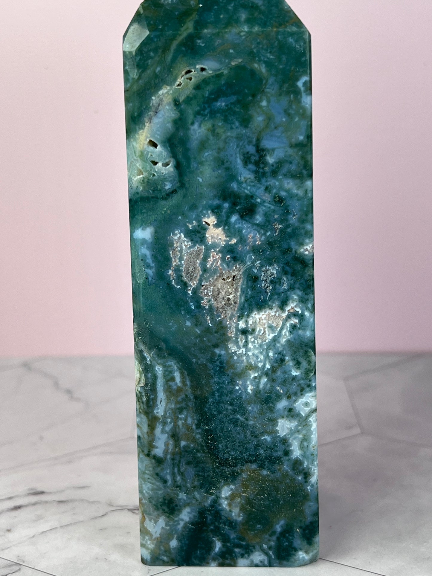 Stunning Druzy Pink Moss Agate Tower