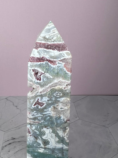 Stunning Druzy Pink Moss Agate Tower