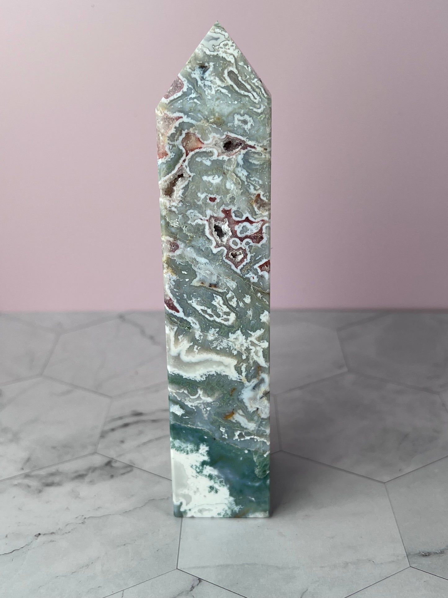 Stunning Druzy Pink Moss Agate Tower