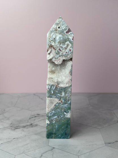 Stunning Druzy Pink Moss Agate Tower