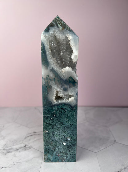 Stunning High Quality Druzy Moss Agate Tower