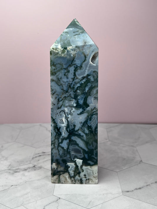 Stunning High Quality Druzy Moss Agate Tower