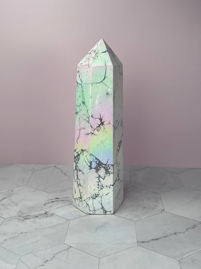 ONE (1) Stunning High Quality Rainbow Aura Howlite Tower