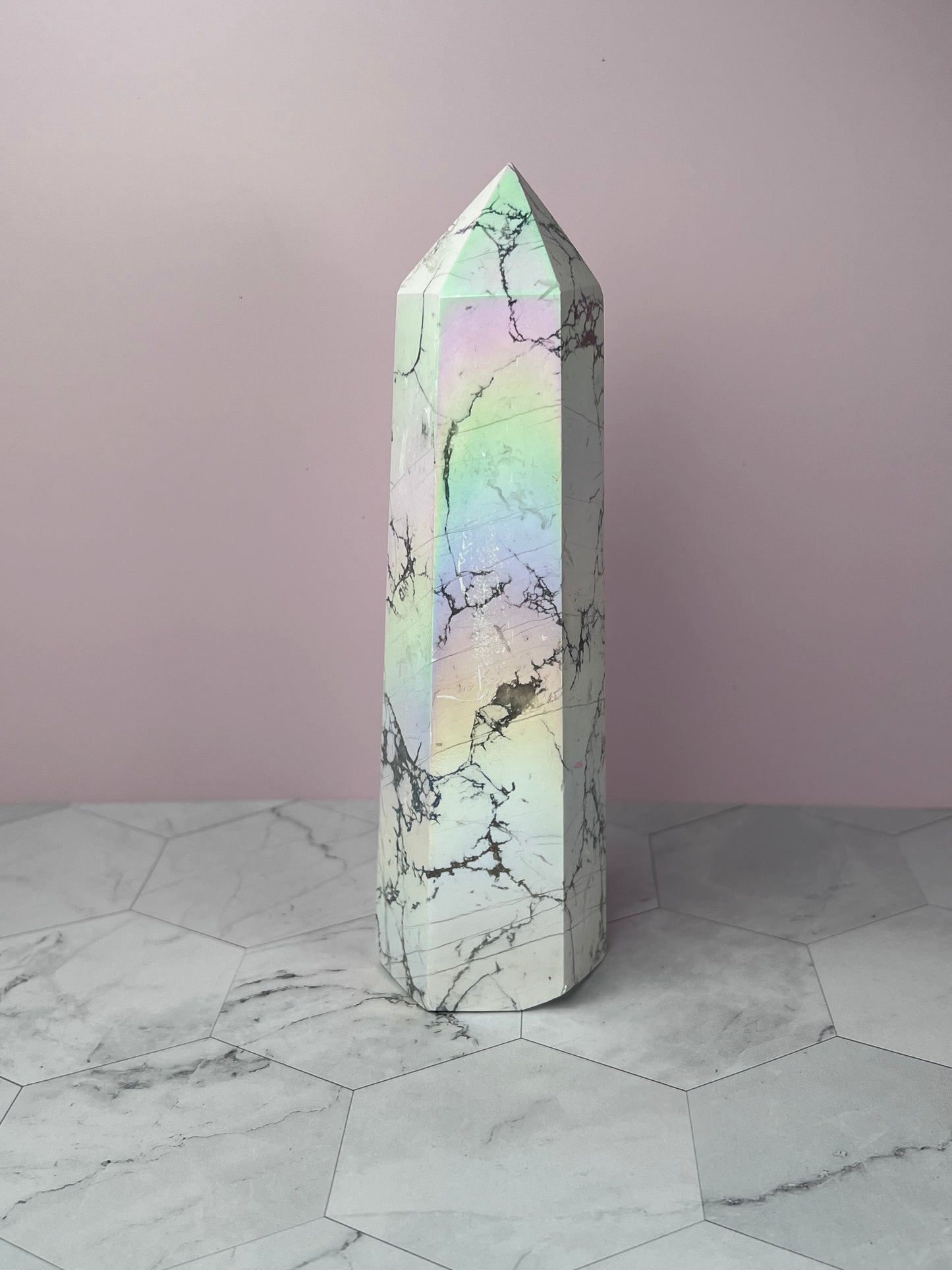 ONE (1) Stunning High Quality Rainbow Aura Howlite Tower