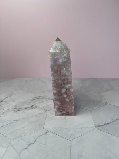 ONE (1) Stunning High Quality Pink Amethyst with Flower Agate Tower