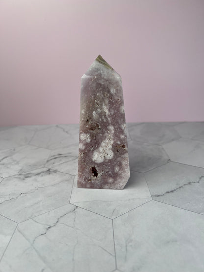 ONE (1) Stunning High Quality Pink Amethyst with Flower Agate Tower