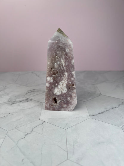 ONE (1) Stunning High Quality Pink Amethyst with Flower Agate Tower