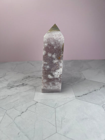 ONE (1) Stunning High Quality Pink Amethyst with Flower Agate Tower