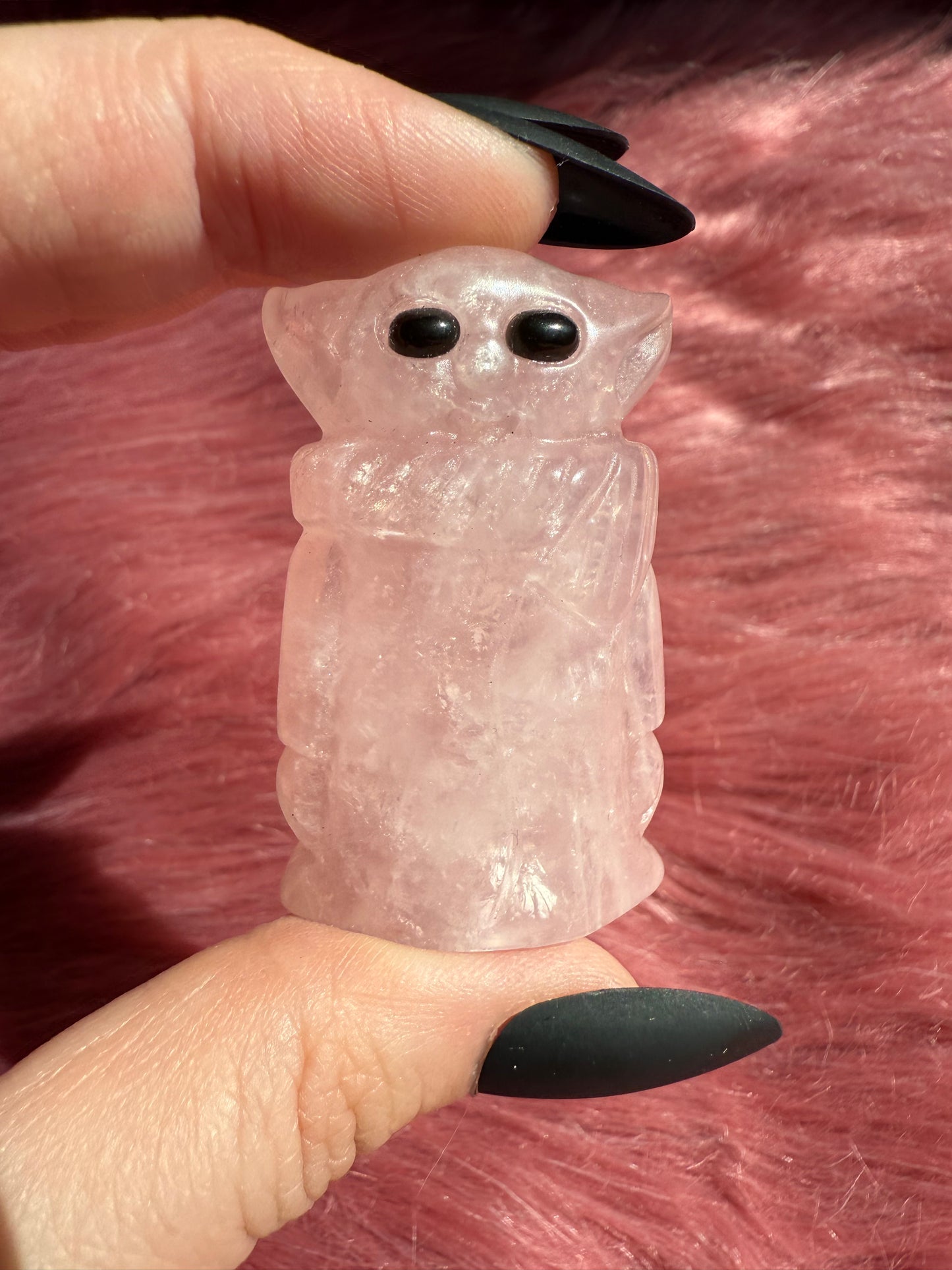 Stunning High Quality Rose Quartz Alien Grogu Carving