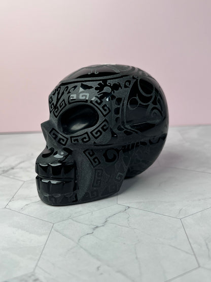 ONE (1) Stunning Etched Obsidian Skull from Mexico