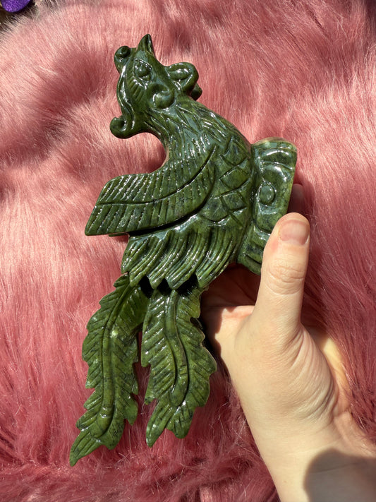 Stunning Green Nephrite Jade Phoenix Crystal Carving