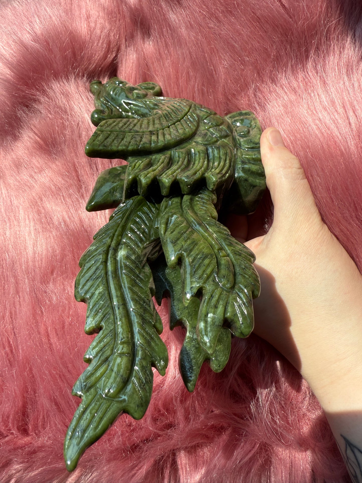 Stunning Green Nephrite Jade Phoenix Crystal Carving