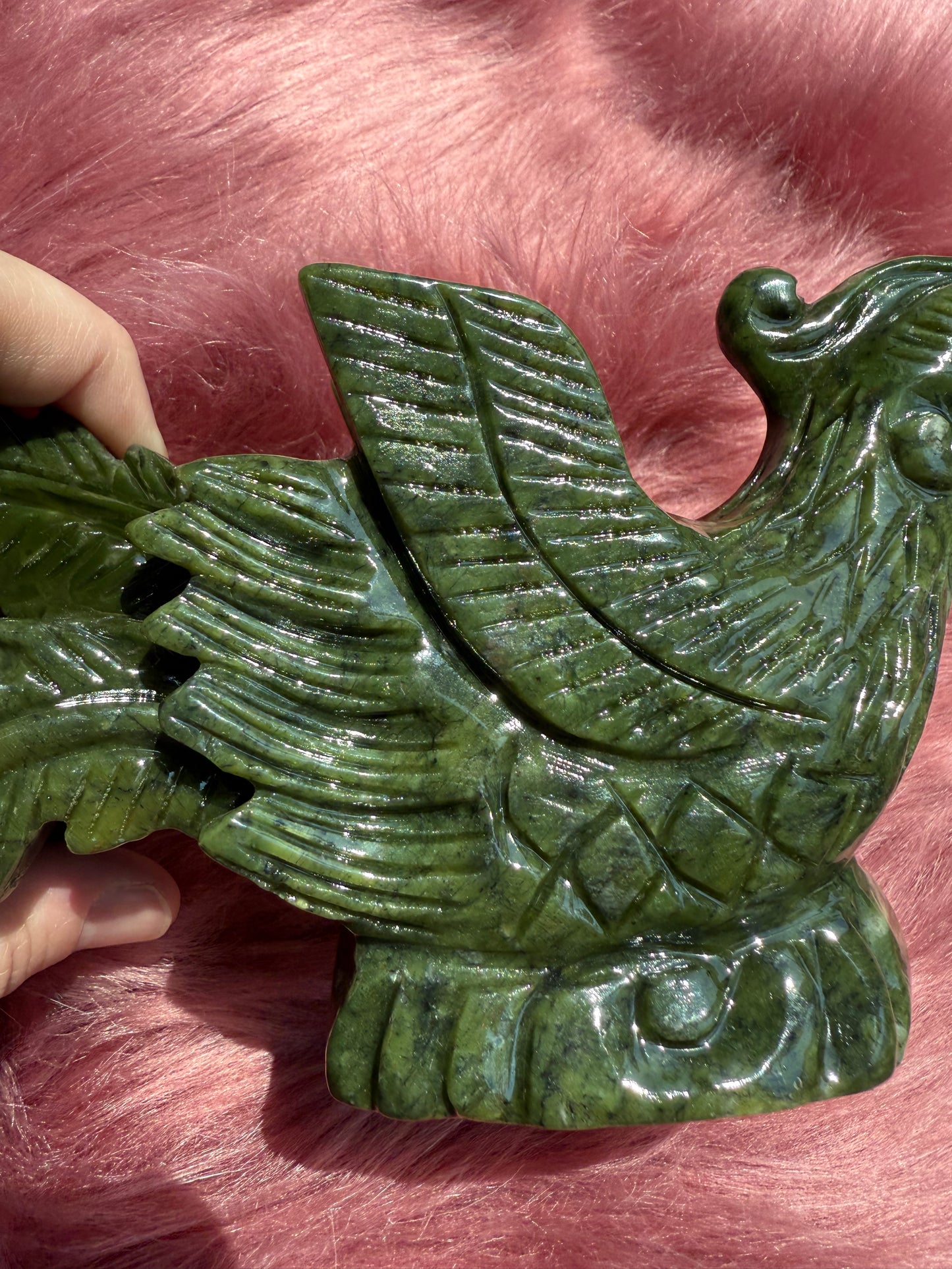Stunning Green Nephrite Jade Phoenix Crystal Carving