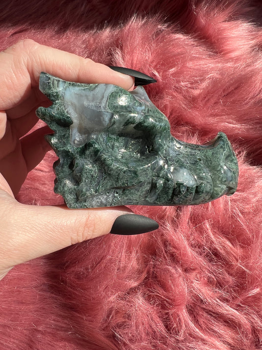 Stunning High Quality Moss Agate Dragon Skull - H