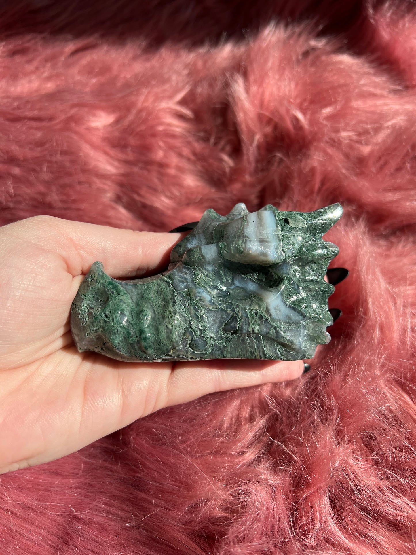 Stunning High Quality Moss Agate Dragon Skull - H