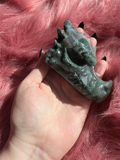 Stunning High Quality Moss Agate Dragon Skull - H