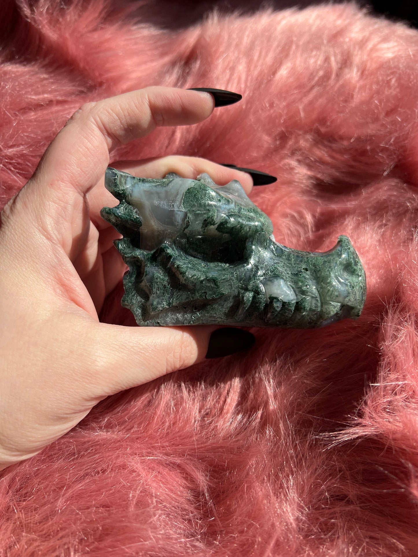 Stunning High Quality Moss Agate Dragon Skull - H