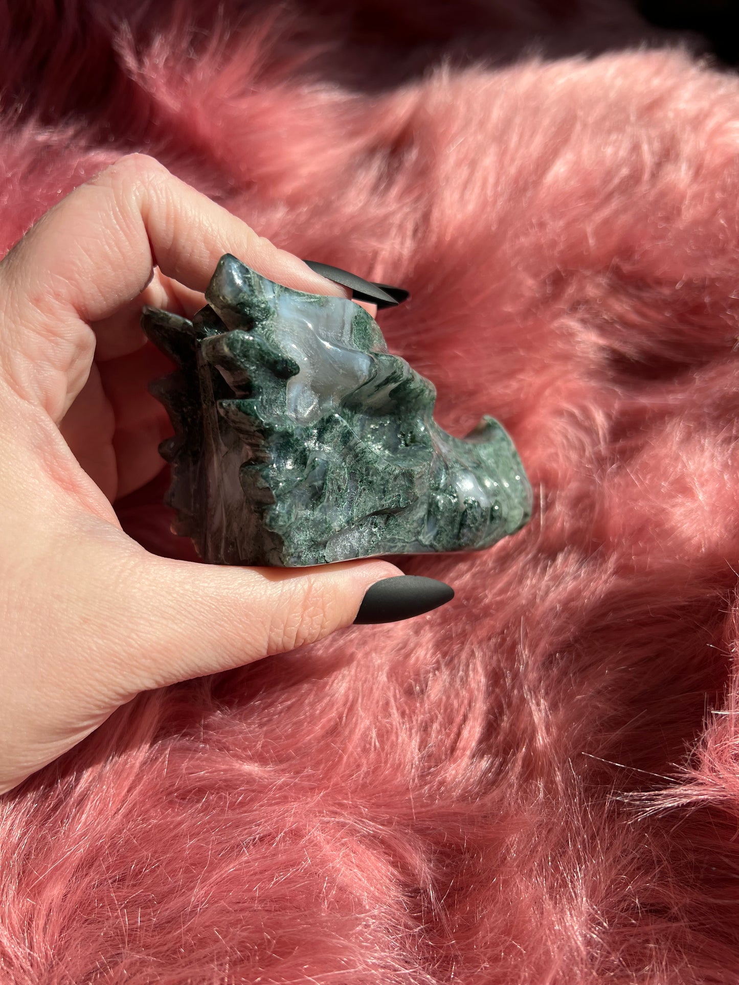 Stunning High Quality Moss Agate Dragon Skull - H