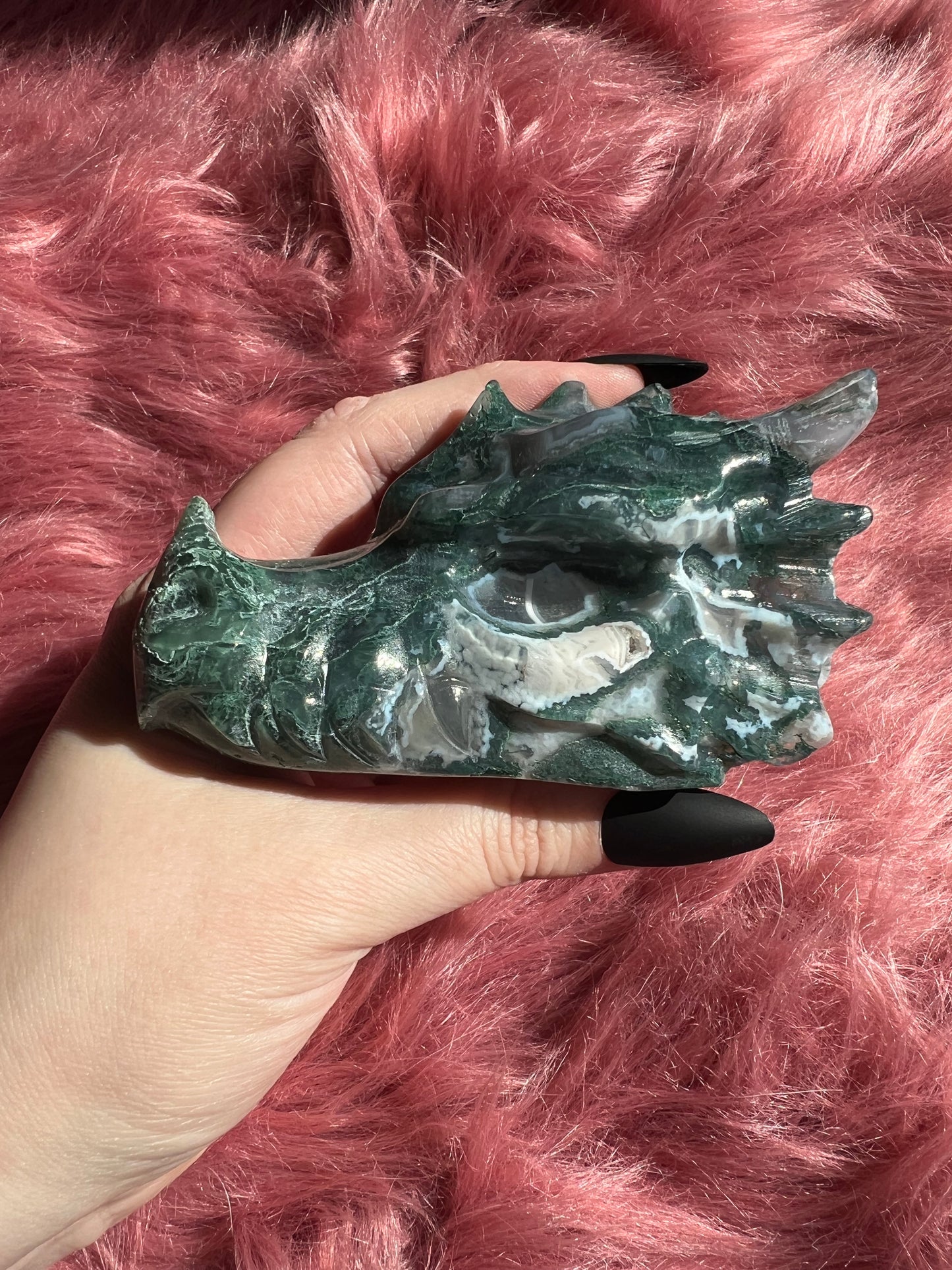 Stunning High Quality Moss Agate Dragon Skull - E