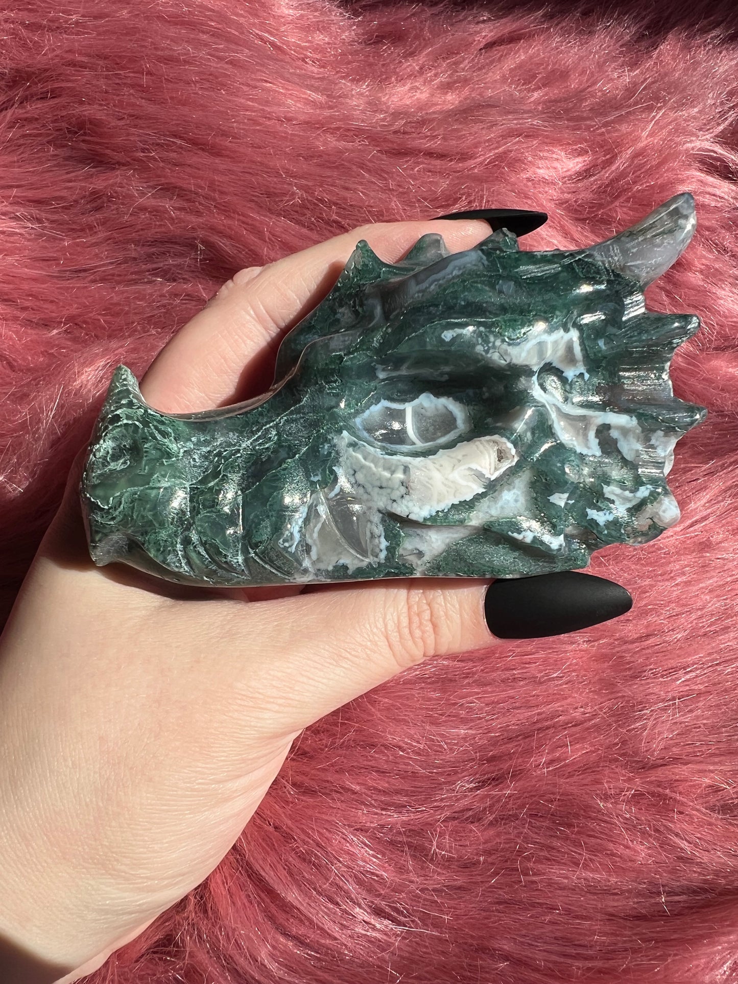 Stunning High Quality Moss Agate Dragon Skull - E