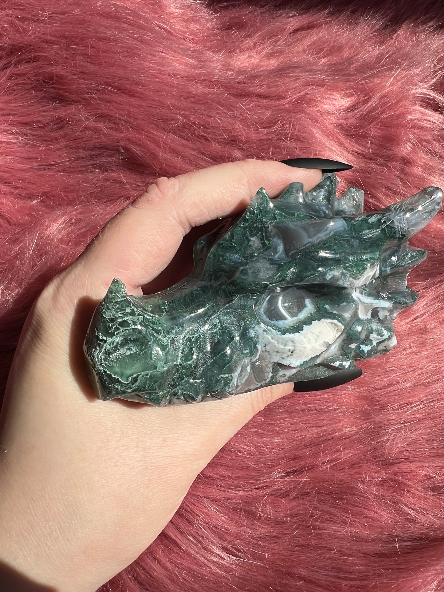 Stunning High Quality Moss Agate Dragon Skull - E