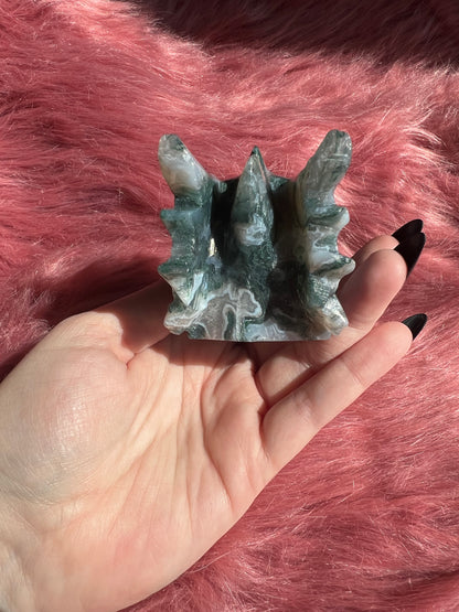 Stunning High Quality Moss Agate Dragon Skull - E