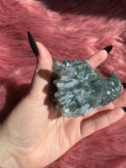 Stunning High Quality Moss Agate Dragon Skull - E