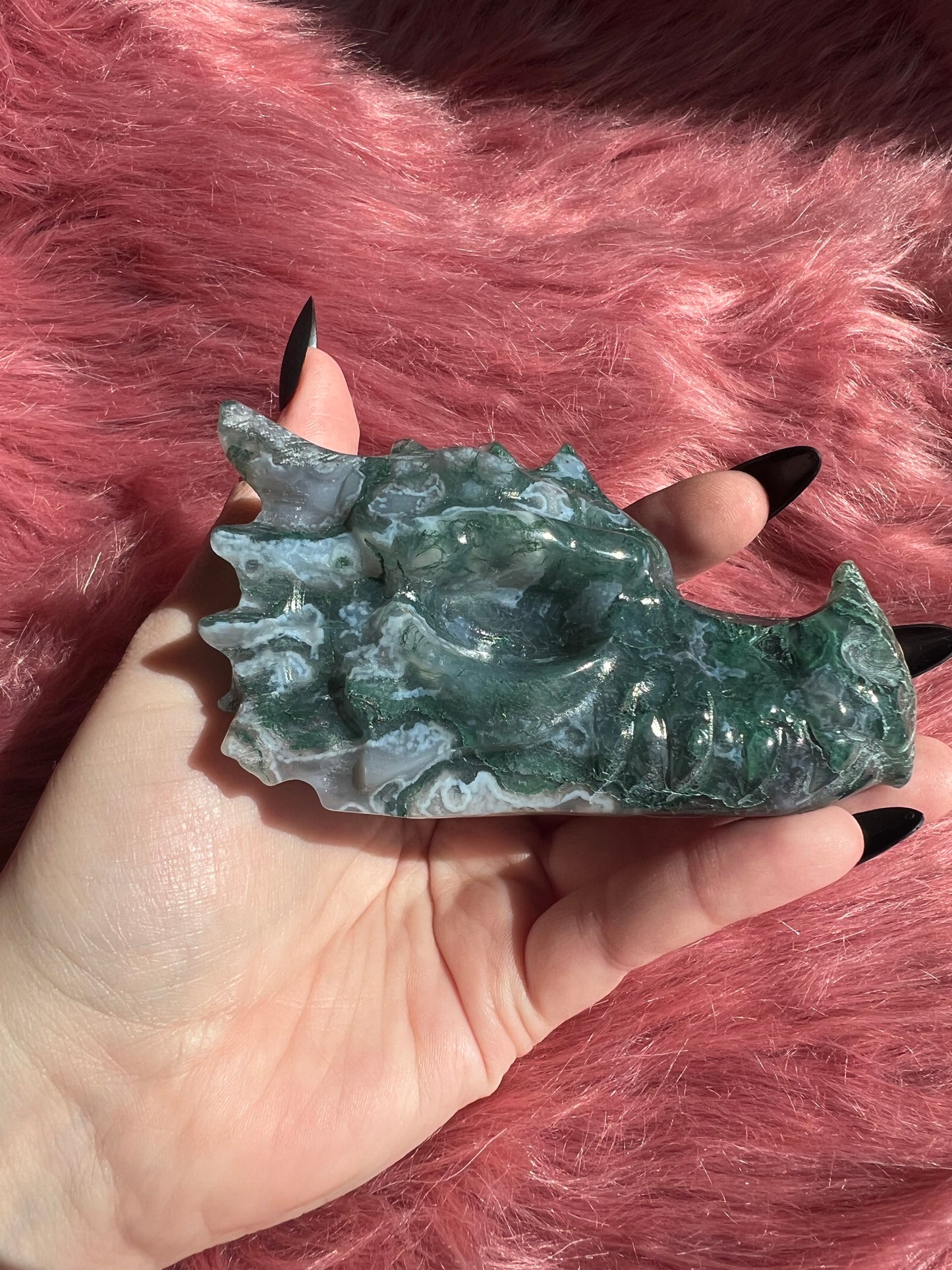 Stunning High Quality Moss Agate Dragon Skull - E