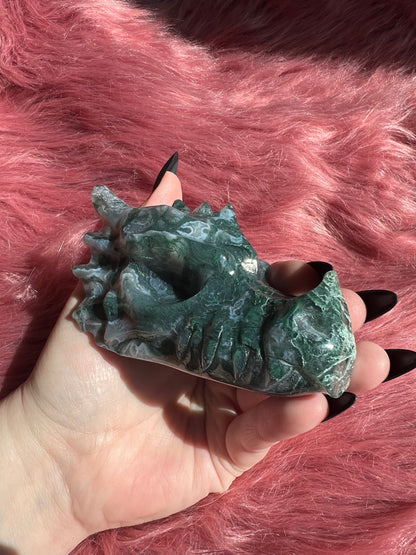 Stunning High Quality Moss Agate Dragon Skull - E