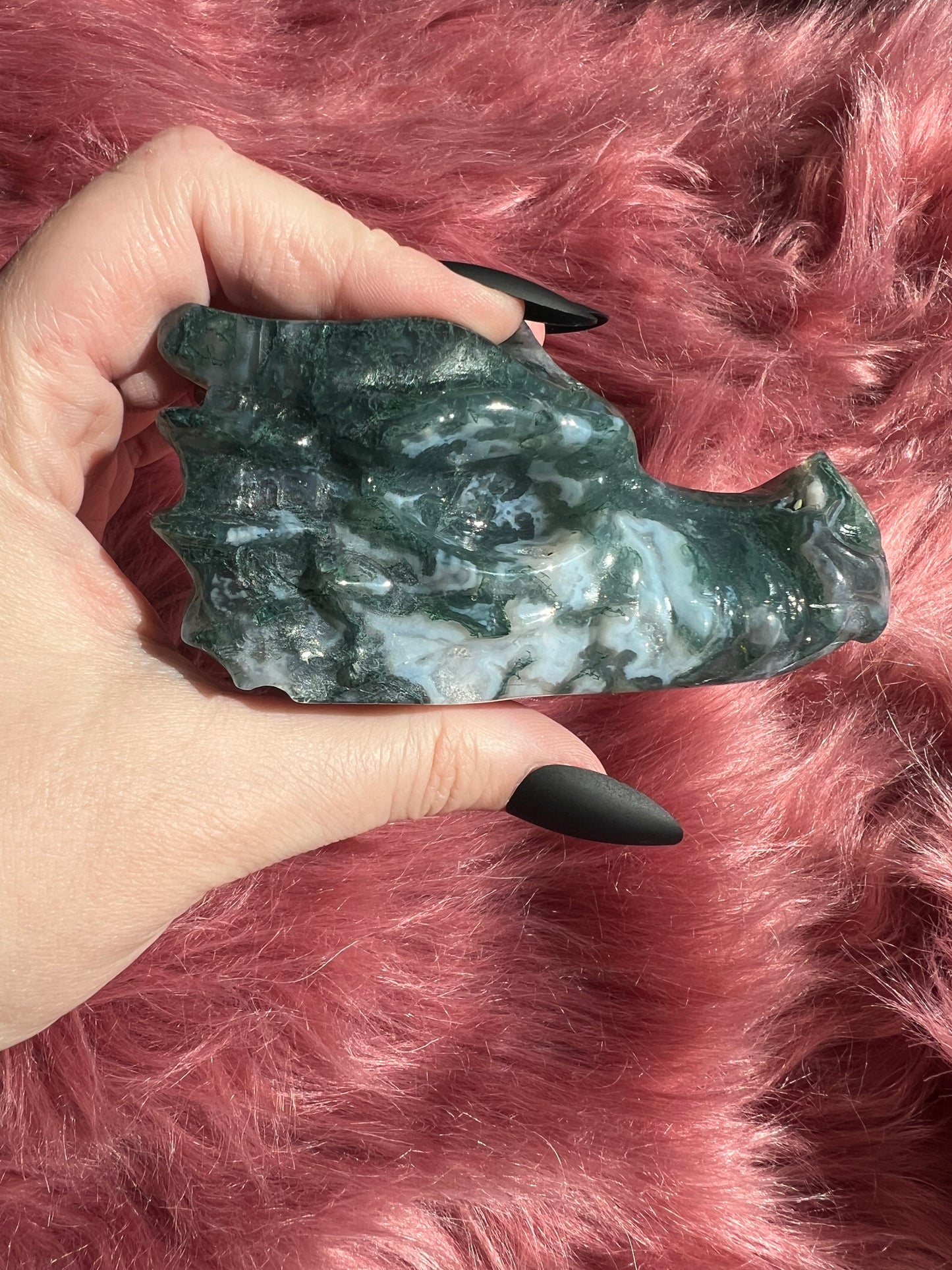 Stunning High Quality Moss Agate Dragon Skull - I