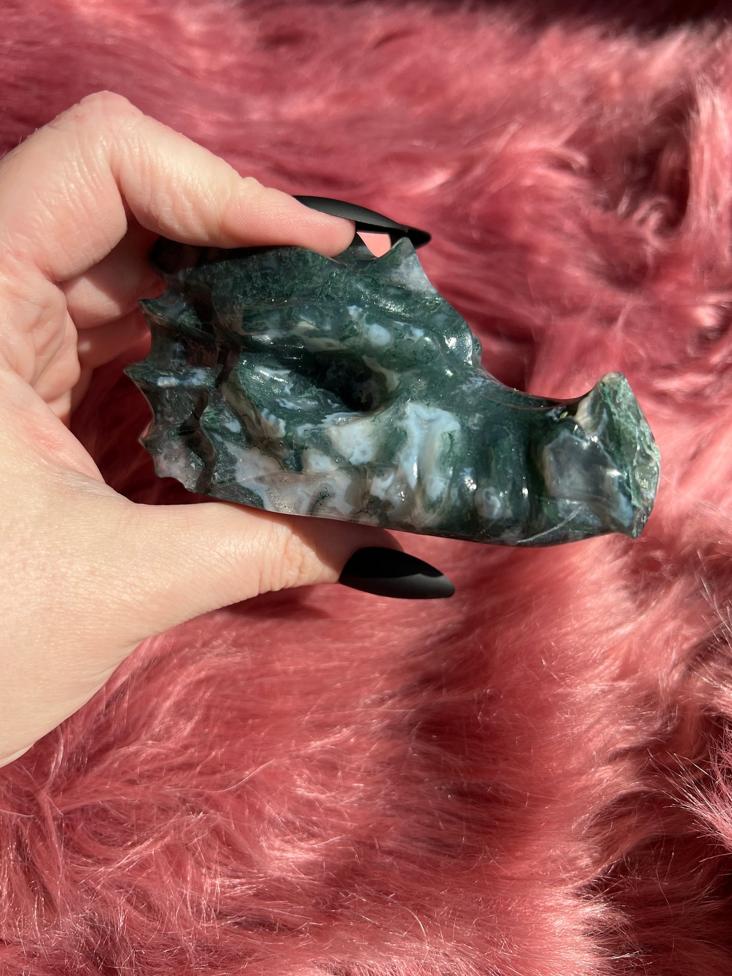 Stunning High Quality Moss Agate Dragon Skull - I