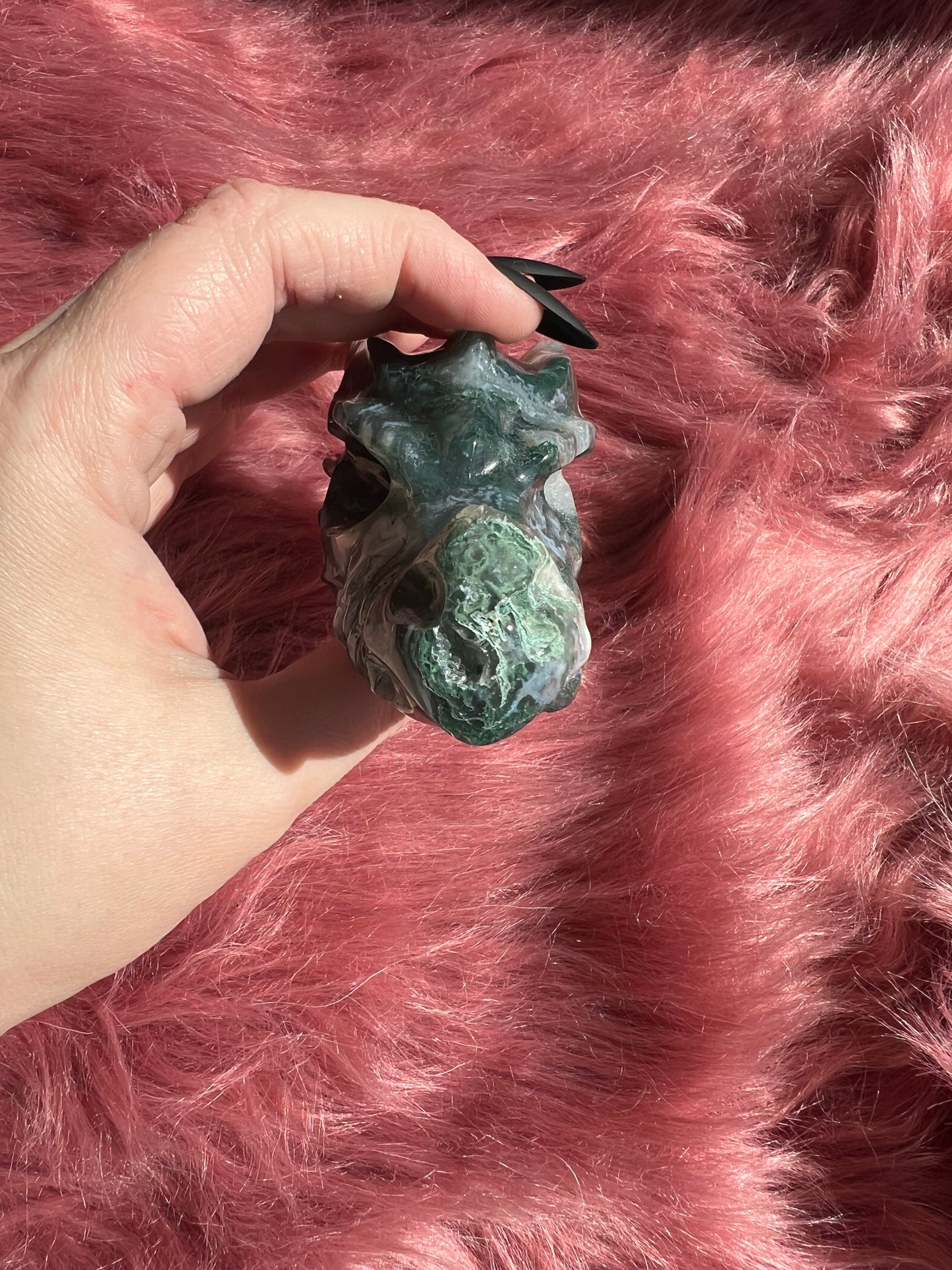 Stunning High Quality Moss Agate Dragon Skull - I