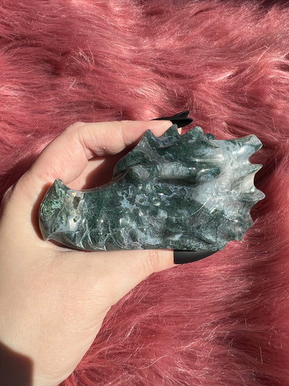 Stunning High Quality Moss Agate Dragon Skull - I