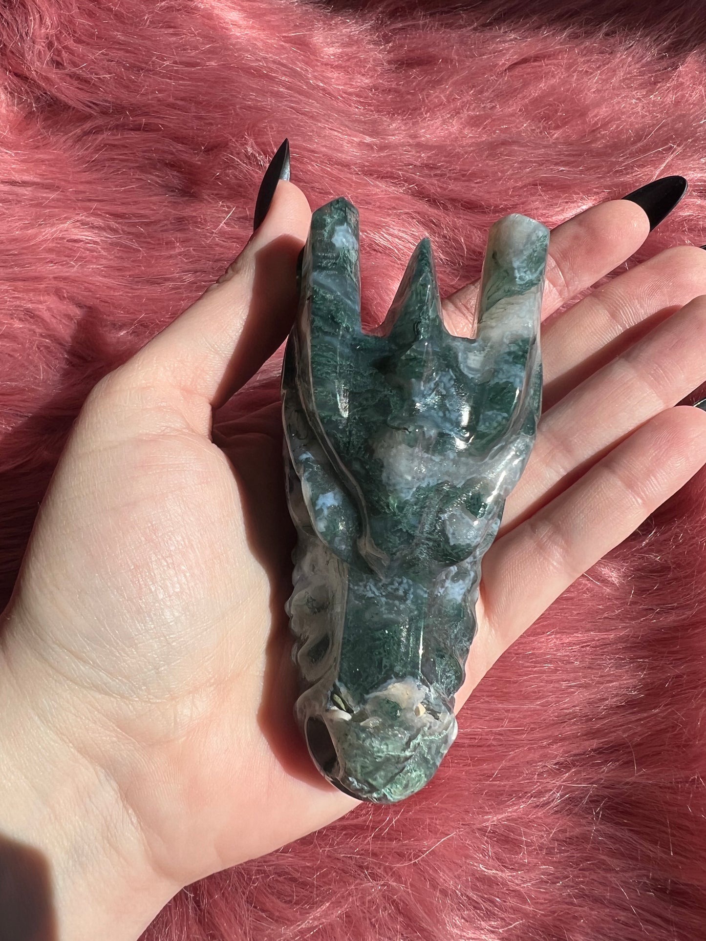 Stunning High Quality Moss Agate Dragon Skull - I