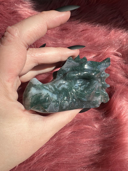 Stunning High Quality Moss Agate Dragon Skull - G