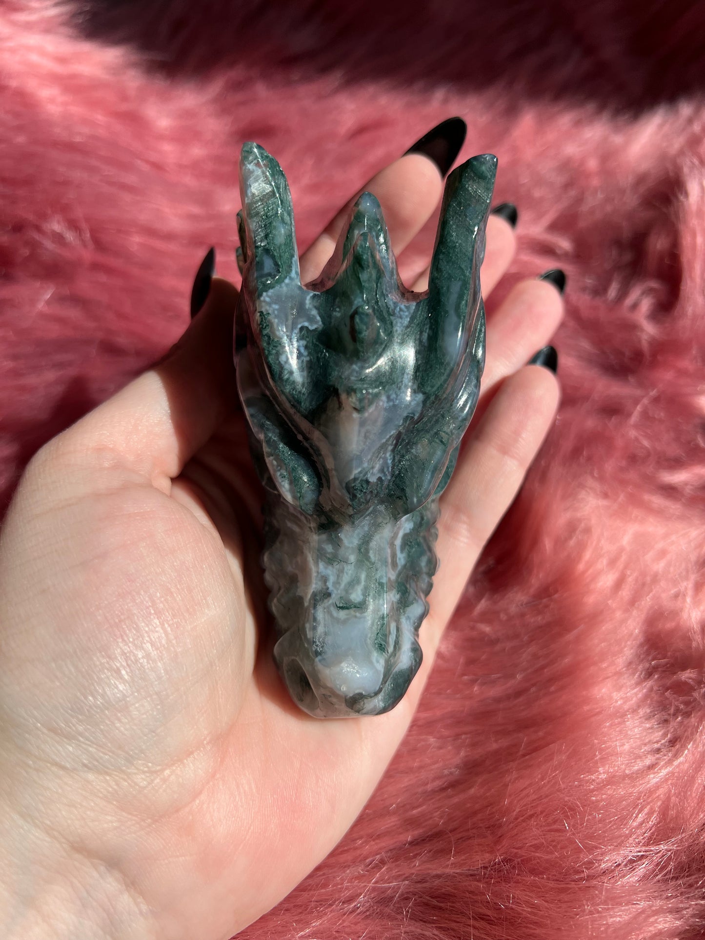 Stunning High Quality Moss Agate Dragon Skull - G