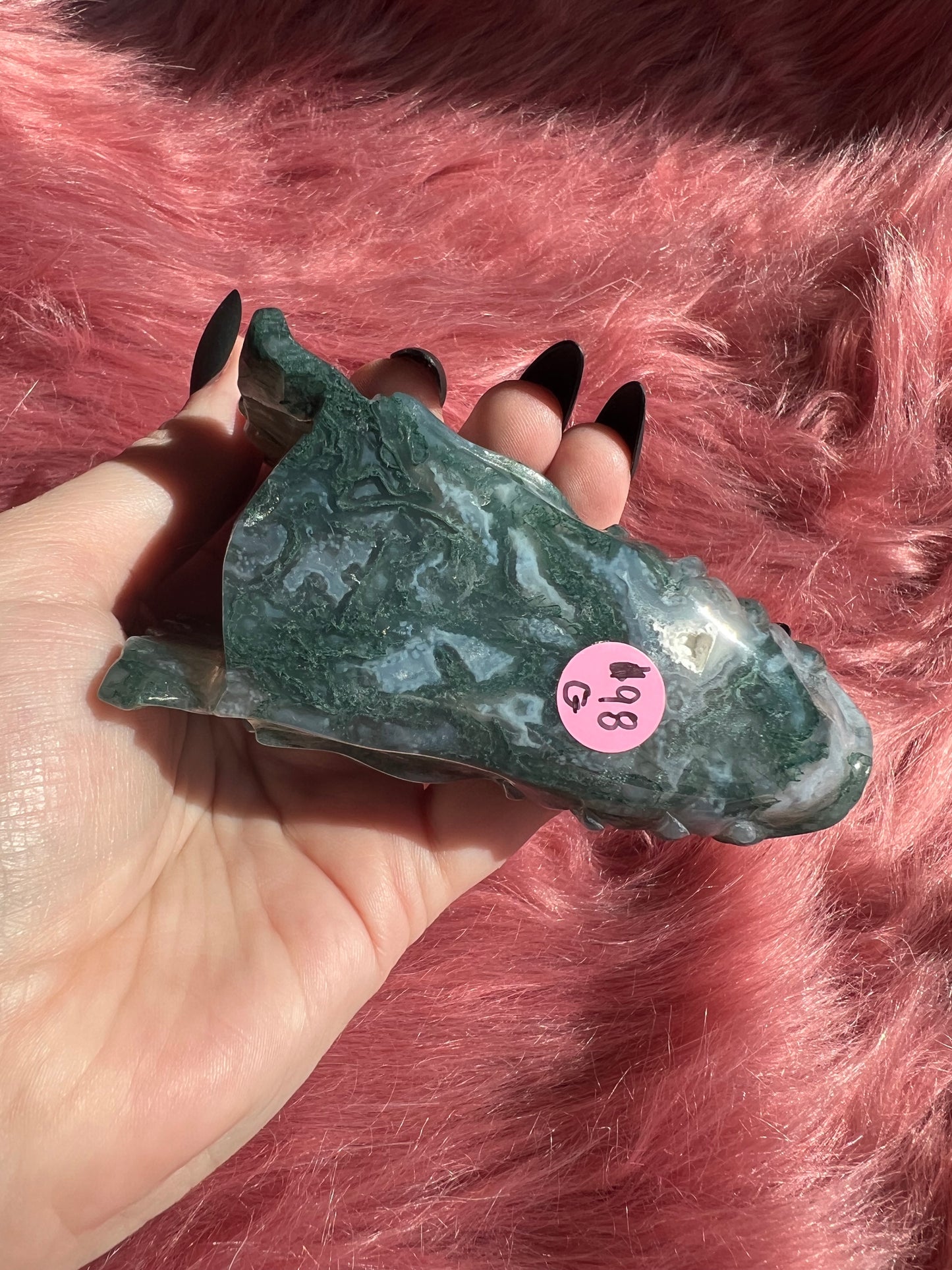 Stunning High Quality Moss Agate Dragon Skull - G