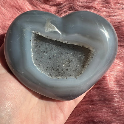 Stunning Extra Large Half Raw Agate with Druzy Heart Carving