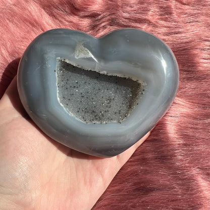 Stunning Extra Large Half Raw Agate with Druzy Heart Carving