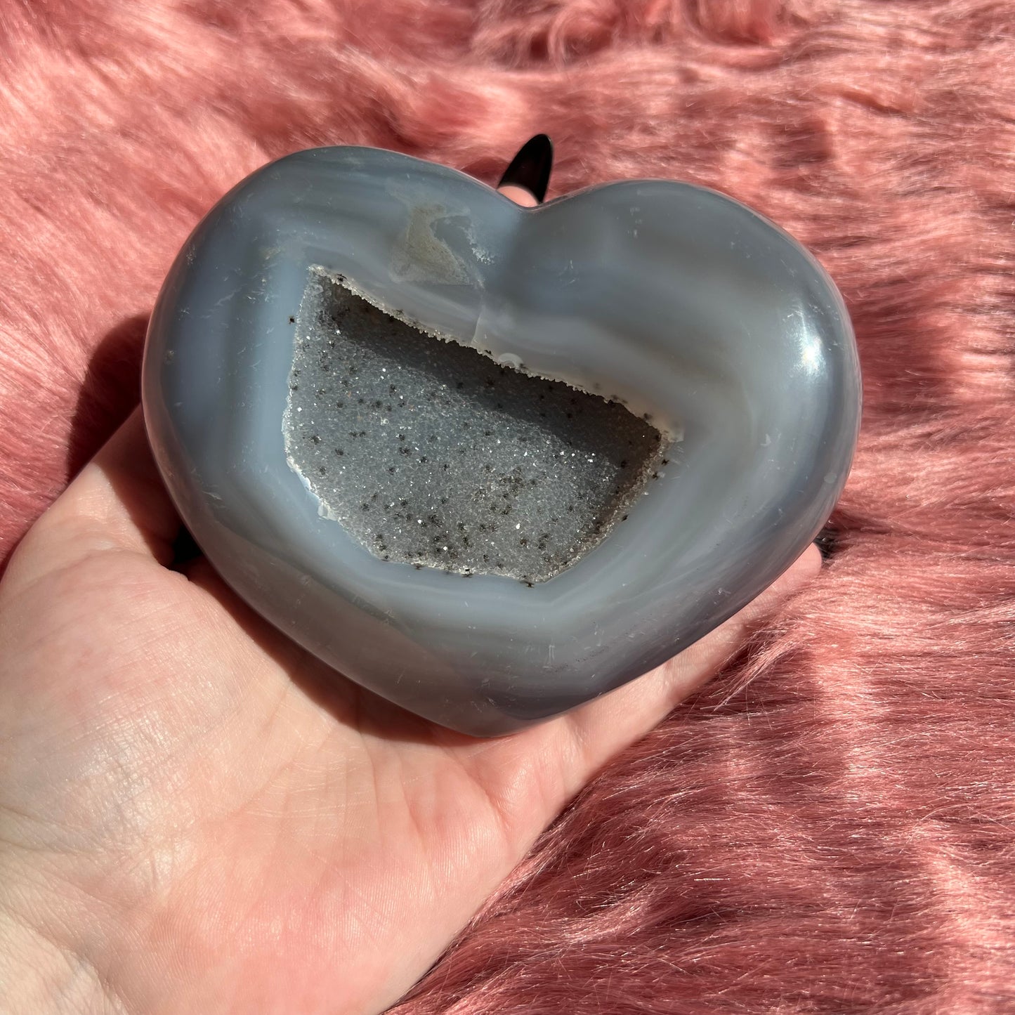 Stunning Extra Large Half Raw Agate with Druzy Heart Carving