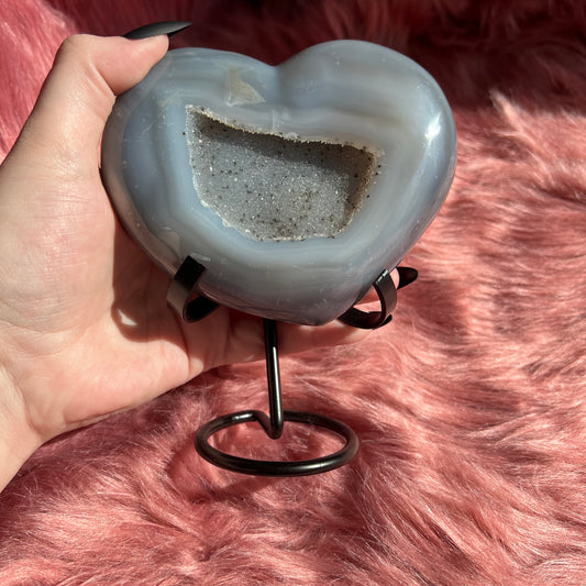 Stunning Extra Large Half Raw Agate with Druzy Heart Carving