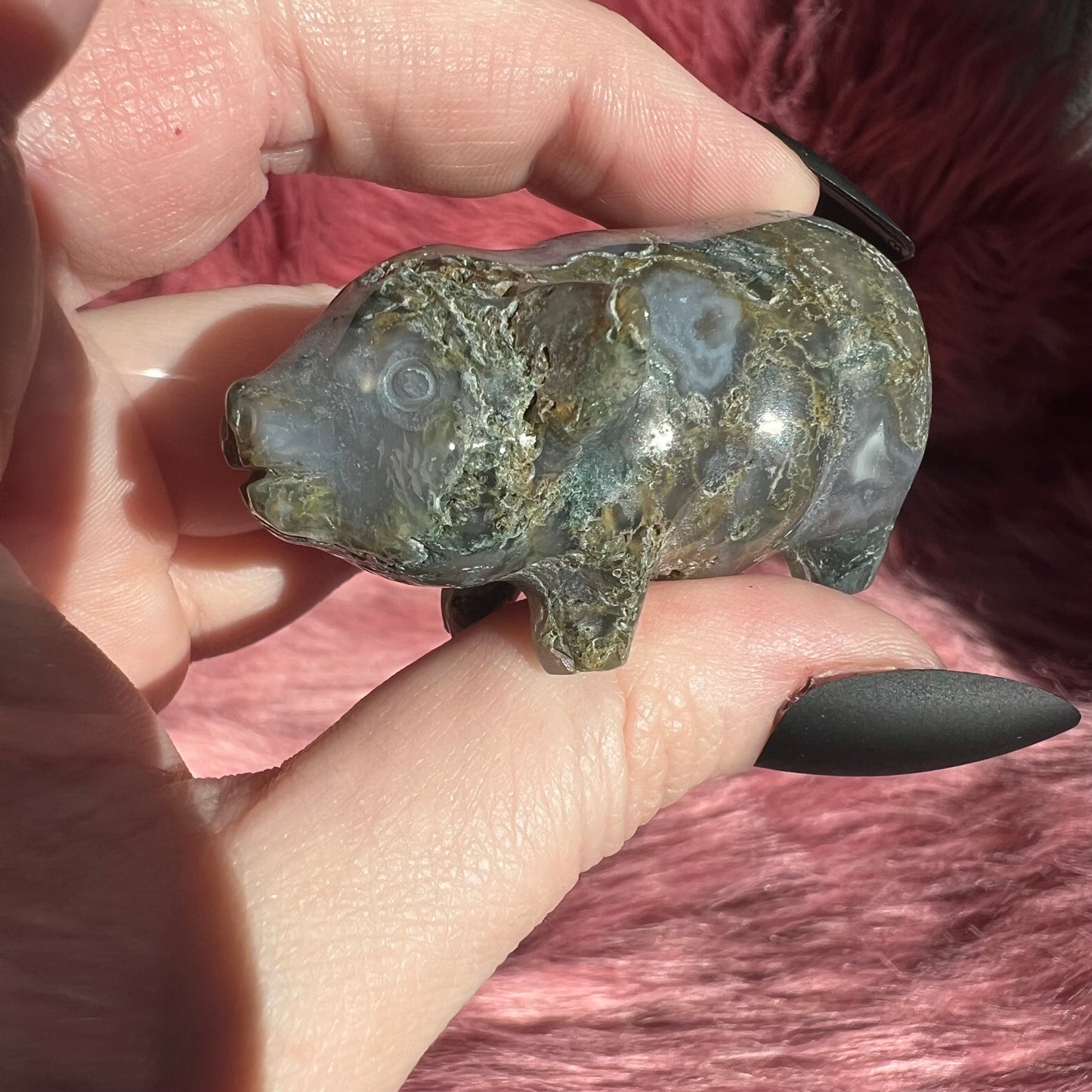 Stunning High Quality Moss Agate Pig Carving