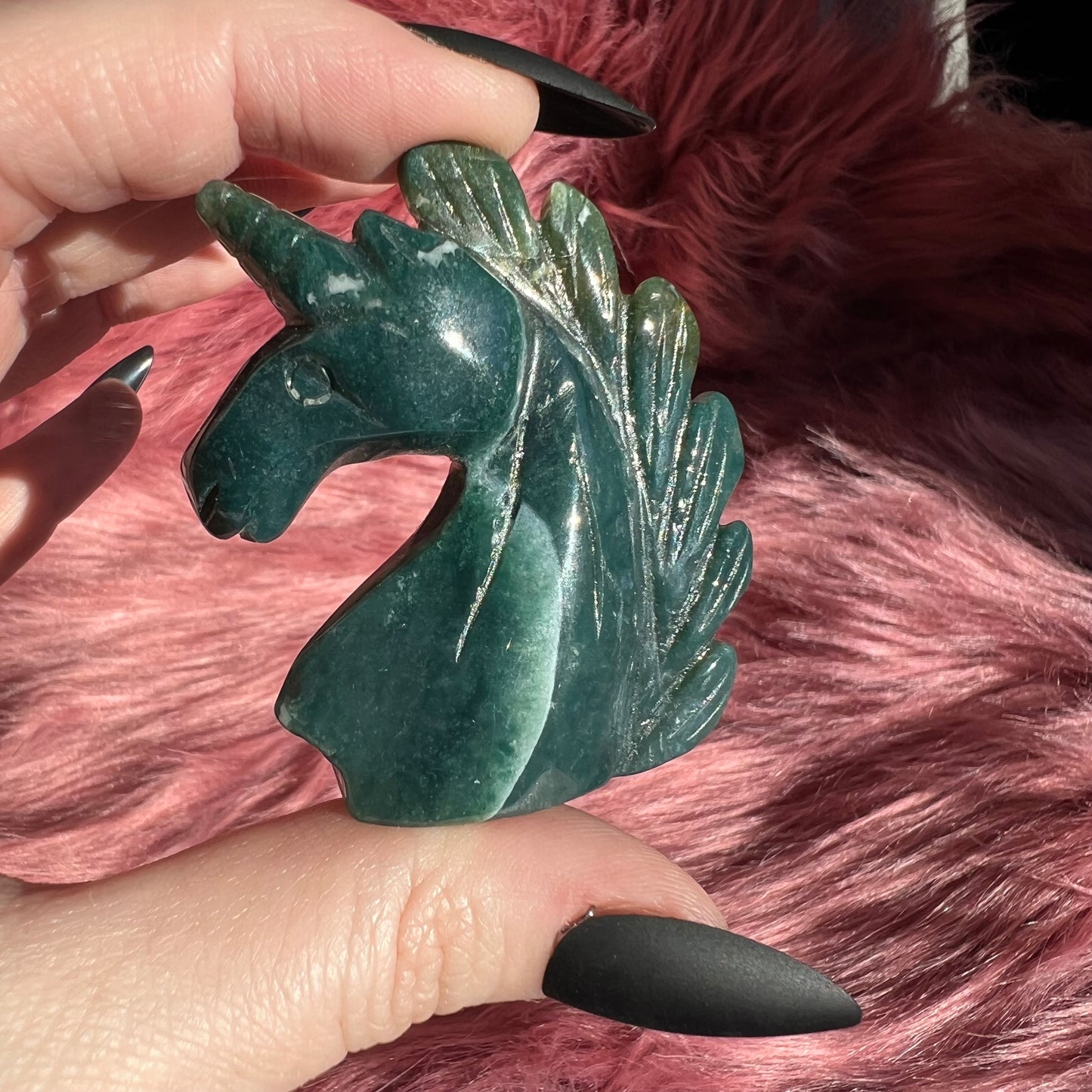 Stunning High Quality Moss Agate Unicorn Carving - D